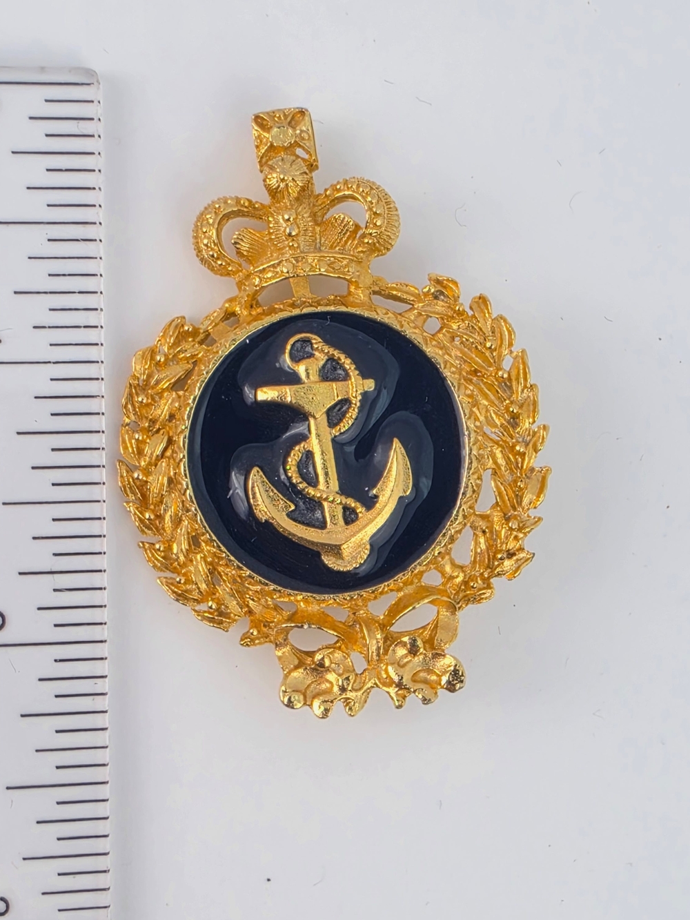 Vintage Nautical Gold & Navy Blue Enamel Anchor Crest Brooch Pin
